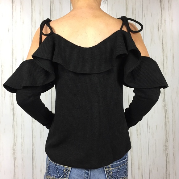 Black Knit Open Shoulder Bow Tie Flounce Top - Picture 4 of 8